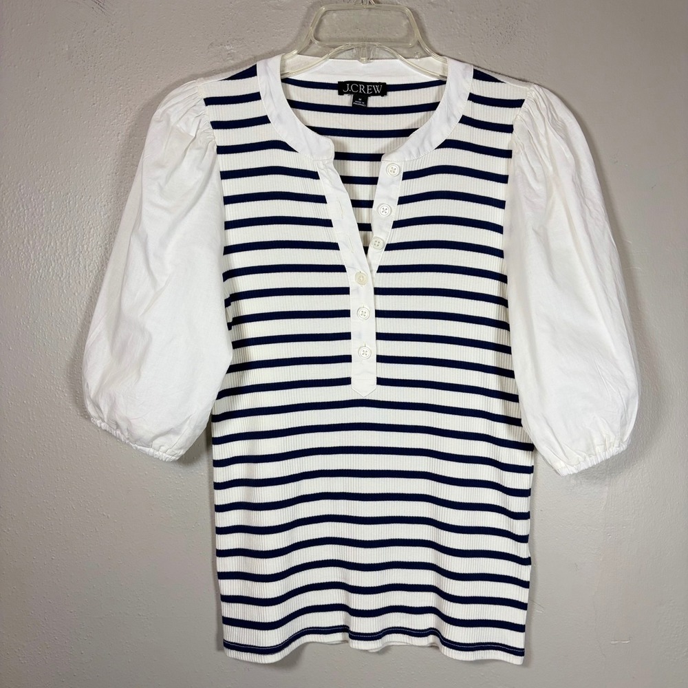 J.Crew Striped Mixed Media Puff Sleeve Henley Top Navy White BQ923 Womens M